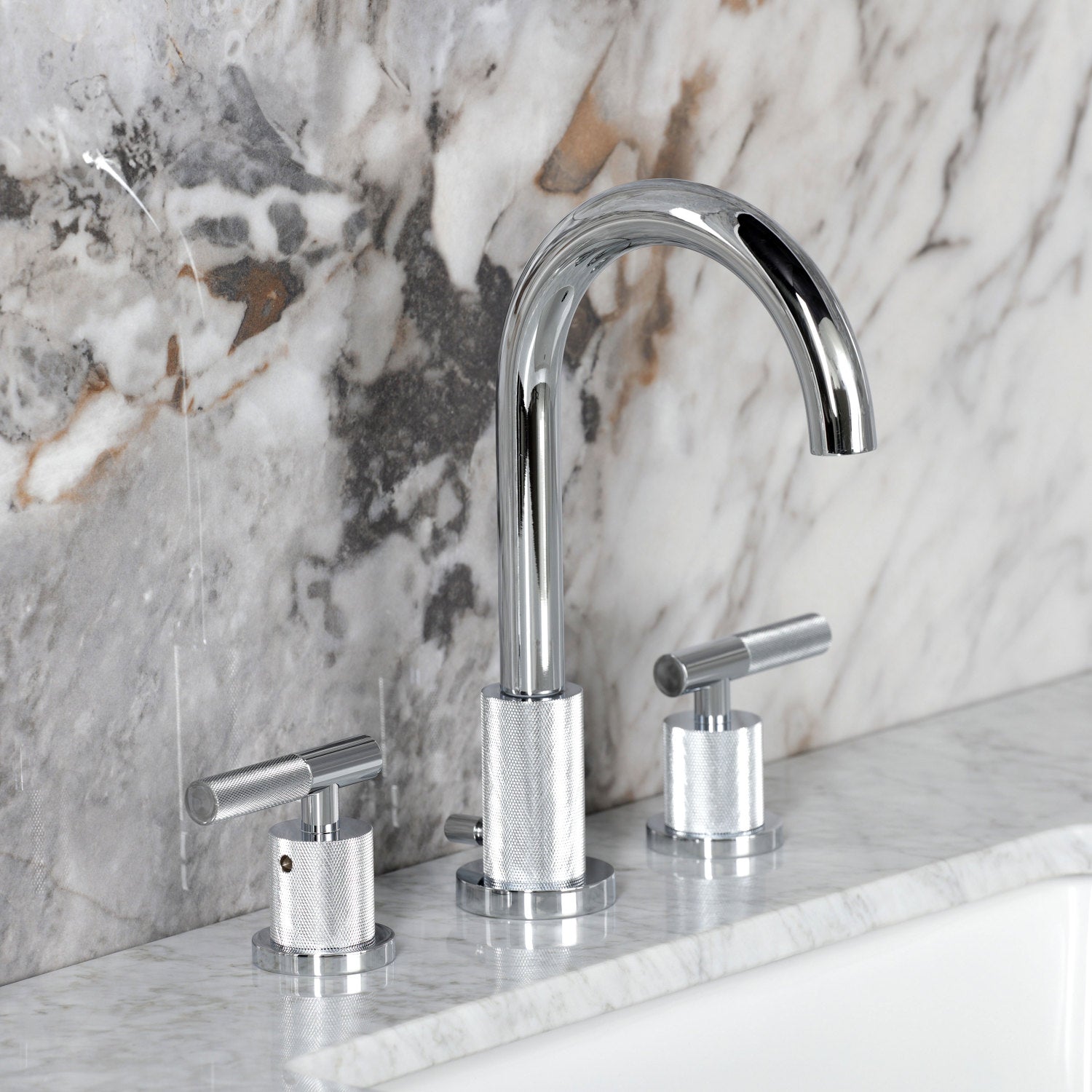 Kingston Sona FSC8921KNL - Convergent Two-Handle 3-Hole Deck Mount Widespread Bathroom Faucet with Knurled Handle and Brass Pop-Up, Polished Chrome — thumbnail 3